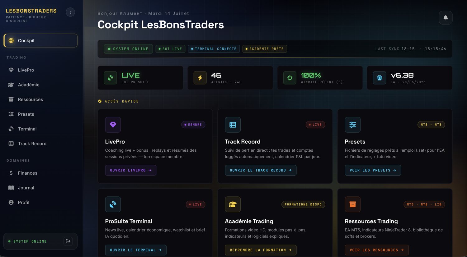 Cockpit LesBonsTraders : bot ProSuite en live, alertes 24h, winrate récent, track record et accès rapide.