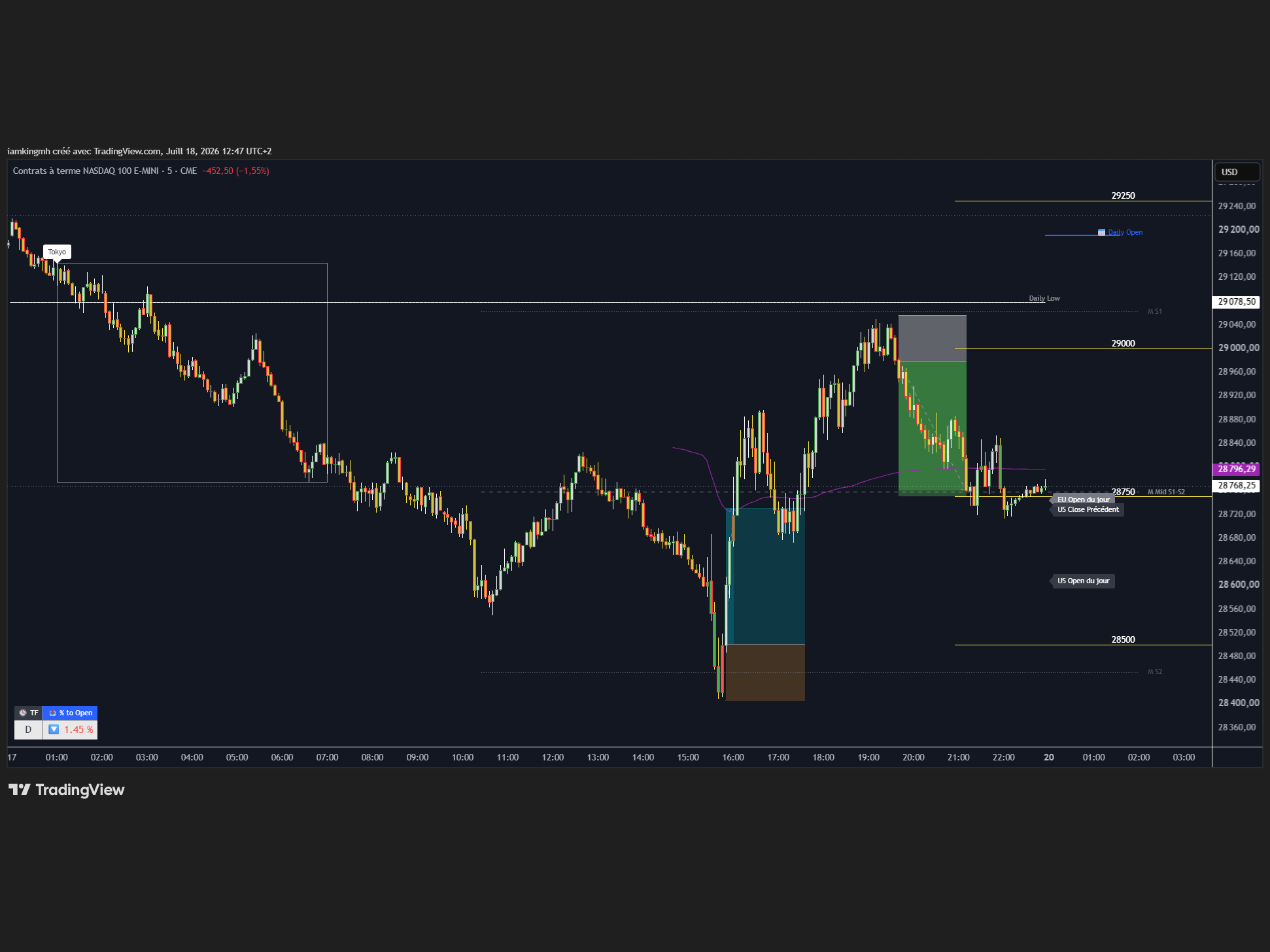 Graphique NQ (NASDAQ 100 E-mini) 5 minutes avec les niveaux calculés de la Pro Suite : Daily Open, Daily Low, US Close précédent, EU Open et US Open du jour, déséquilibre et niveaux ronds.